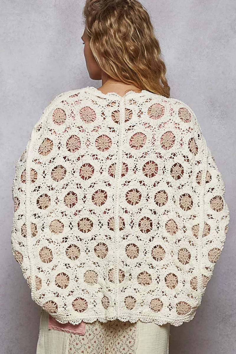 Cream floral crochet cardigan, back showing full floral crochet motif and scalloped hem