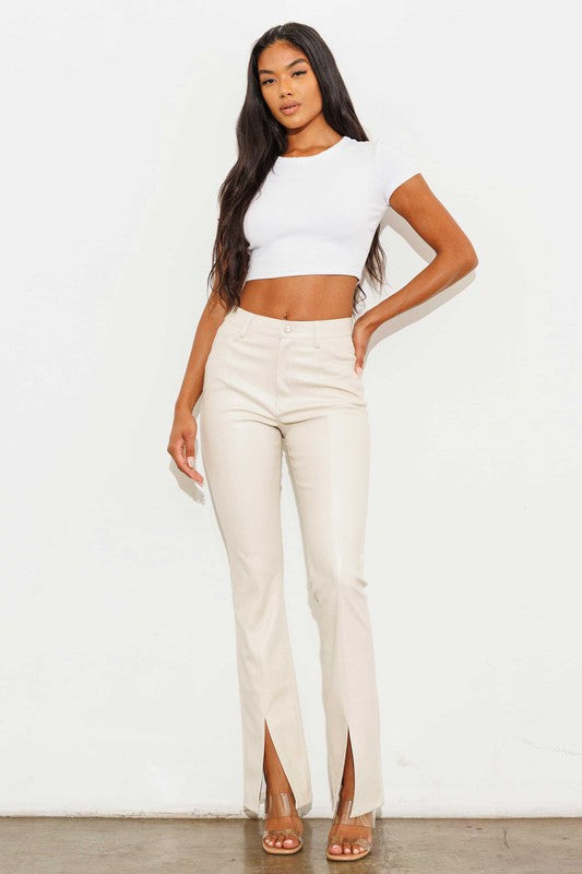 Cognac Creme 1798 Vegan Leather Front Slit Bootcut Jeans