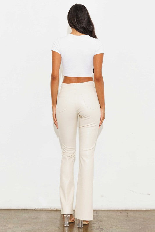 Cognac Creme 1798 Vegan Leather Front Slit Bootcut Jeans