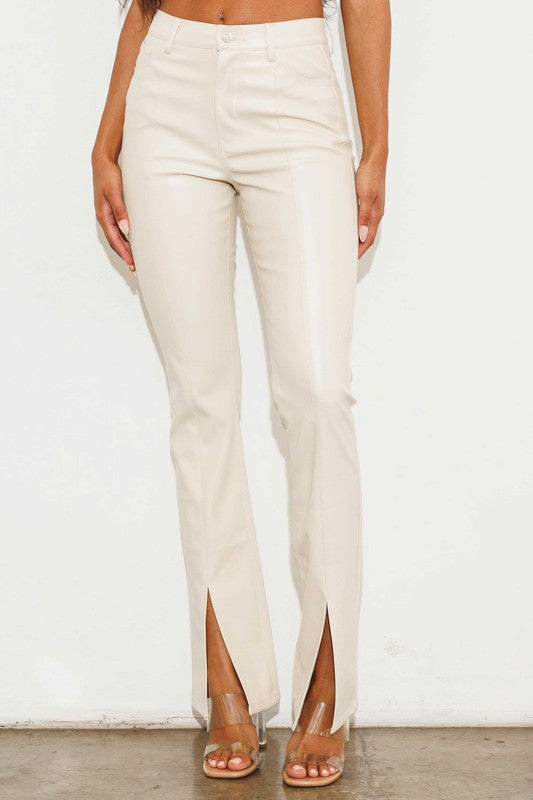 Cognac Creme 1798 Vegan Leather Front Slit Bootcut Jeans