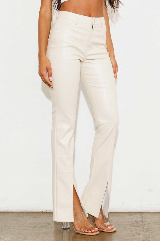 Cognac Creme 1798 Vegan Leather Front Slit Bootcut Jeans