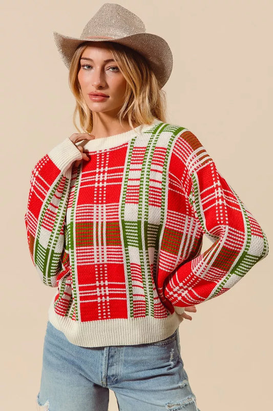 red and green western plaid round neck pullover sweater, soft knit design for chic effortless holiday style
