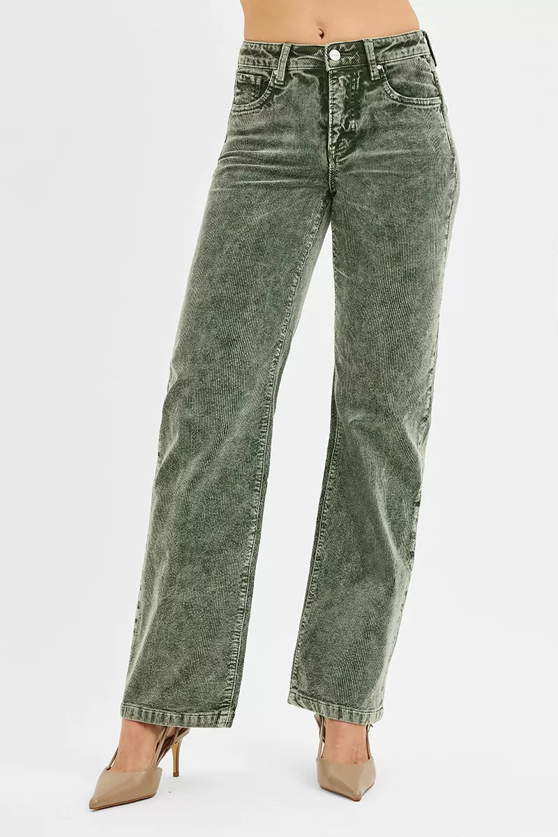 forest green corduroy straight leg jeans with mid rise waist and tummy control panel for effortless chic fall style