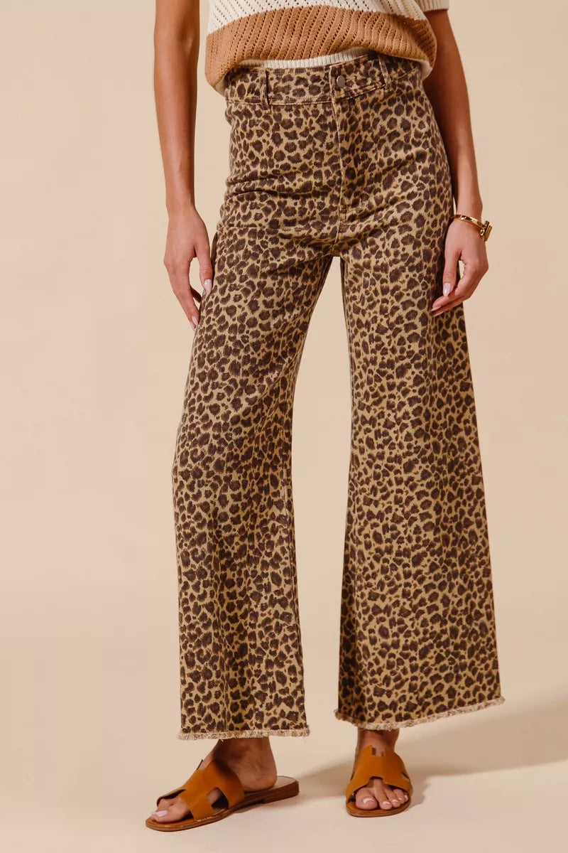 leopard print wide leg cropped jeans in cotton twill denim, chic everyday staple that adds edge to any outfit