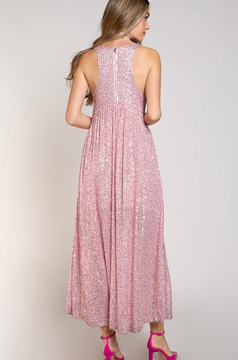 Let’s Go Party! Pink Sequin Babydoll Maxi Dress