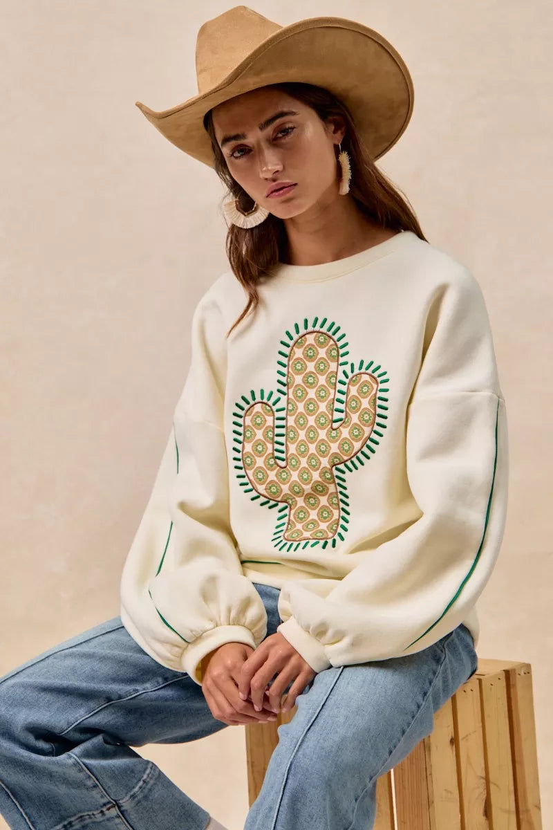 Boho desert cactus sweatshirt pullover with balloon sleeves and luxe western flair