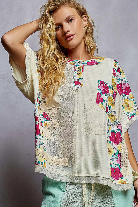 Cream Rib knit short sleeve top blends playful florals and lace in a round button neck blouse for casual boho luxe style