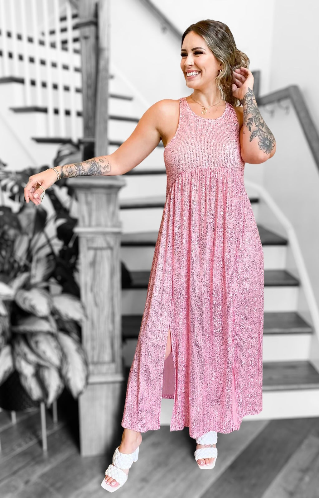 Let’s Go Party! Pink Sequin Babydoll Maxi Dress