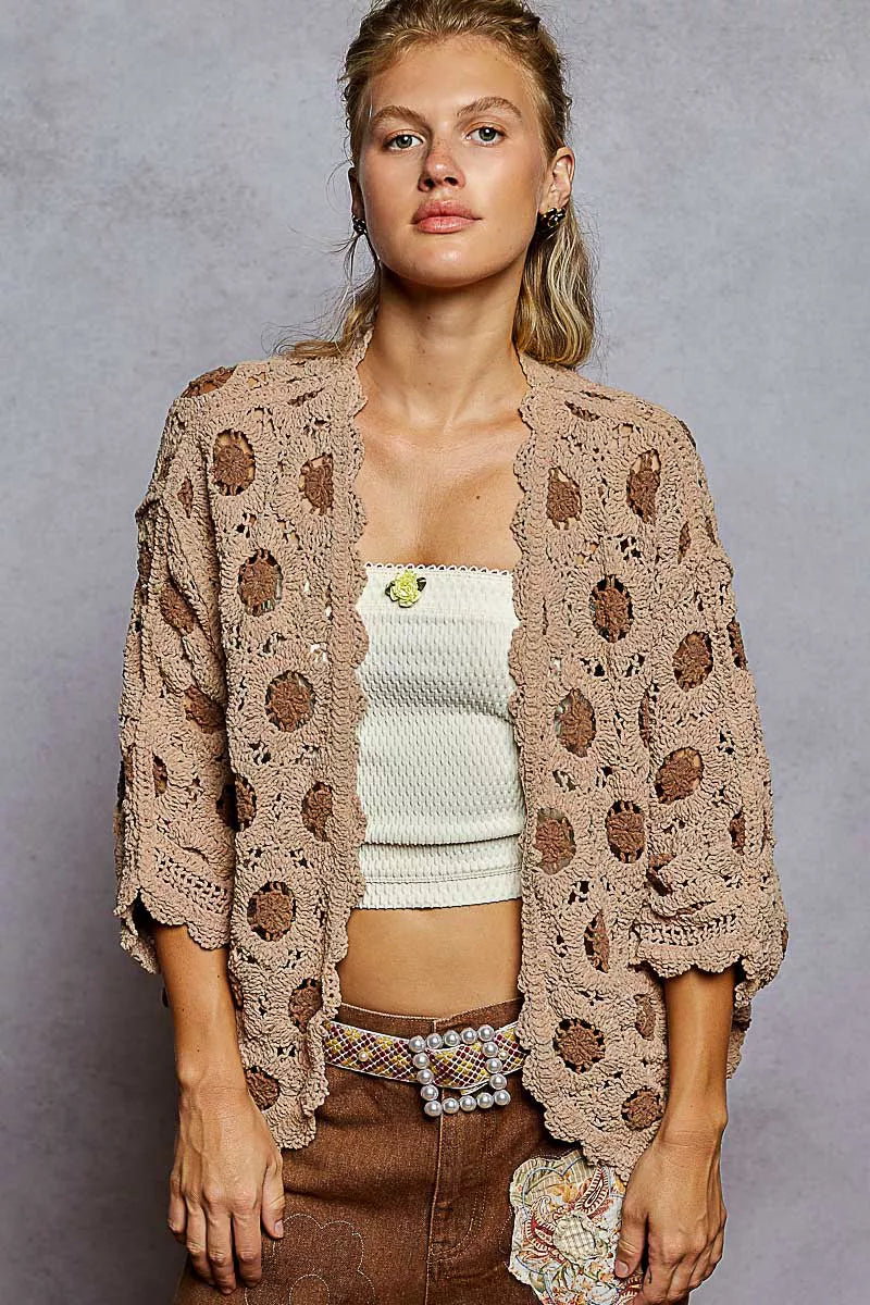 beige crochet chenille cardigan with floral crochet accents and batwing sleeves for effortless everyday cozy styl