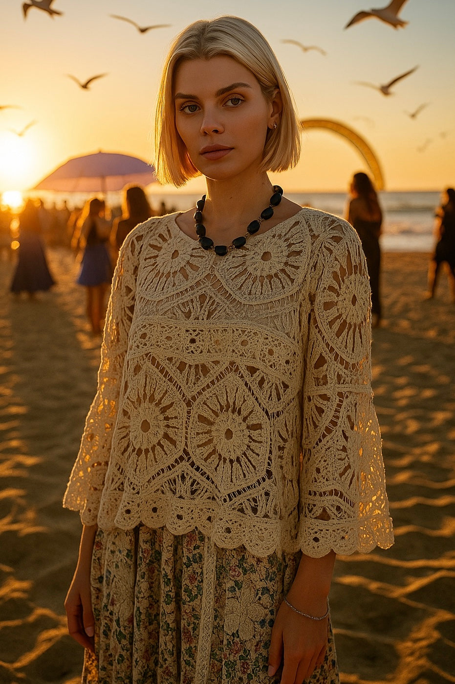 Woman standing on a beach at sunset wearing a cream crochet top with floral lace details and a colorful embroidered skirt; accessorized with layered black beads, hoop earrings, and relaxed summer hair; surrounded by festival-goers, umbrellas, and seagulls in flight; evokes coastal concert styling, modern boho fashion, and vacation-ready flair with artisanal textures and a carefree silhouette.