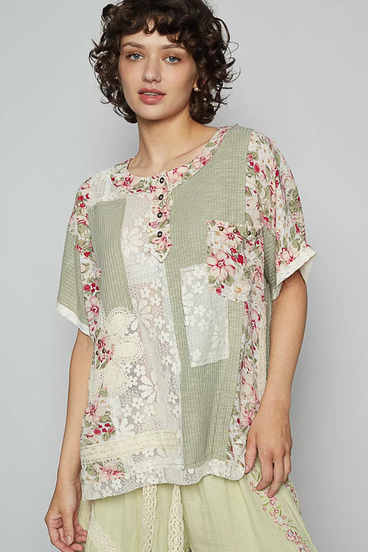 Sage Rib knit short sleeve top blends playful florals and lace in a round button neck blouse for casual boho luxe style