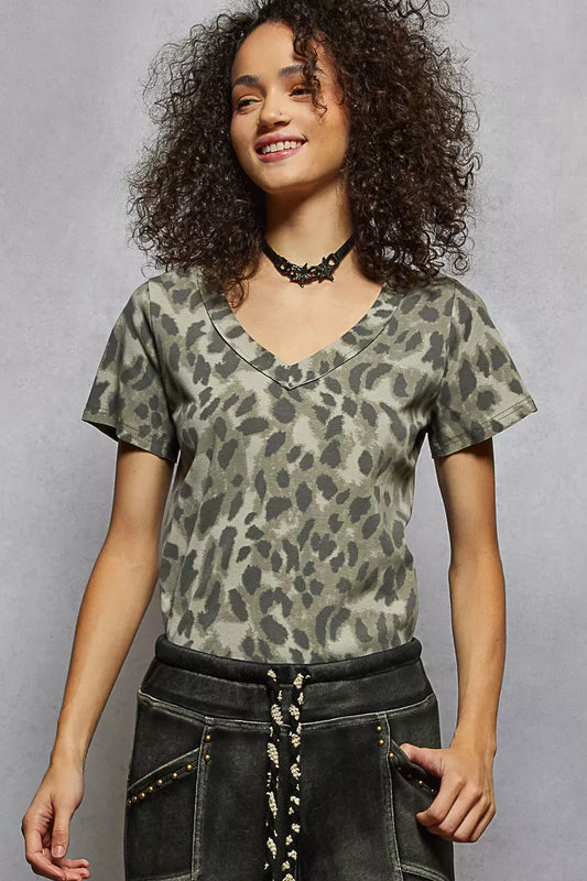 Leopard print V neck tee by POL in soft rayon jersey, abstract animal print top with short sleeves and regular fit