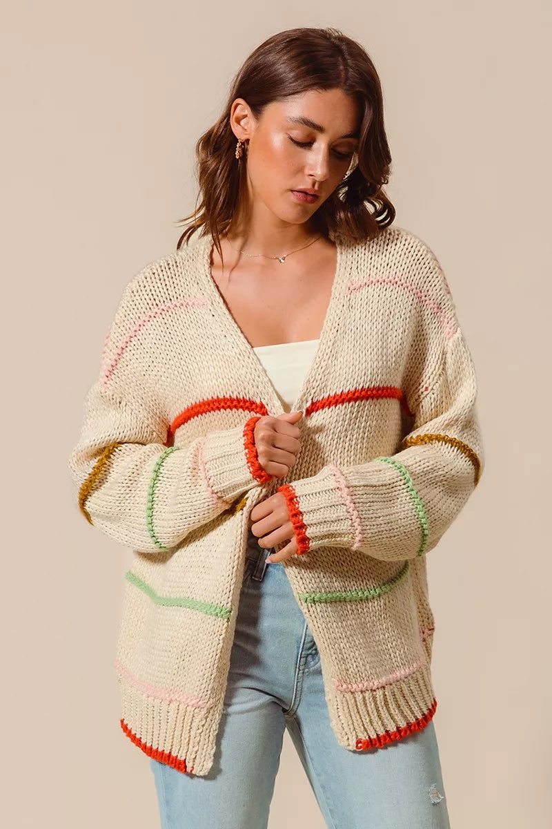 long chunky knit cardigan with bold neutral colored stripes for women’s elevated but casual preppy style