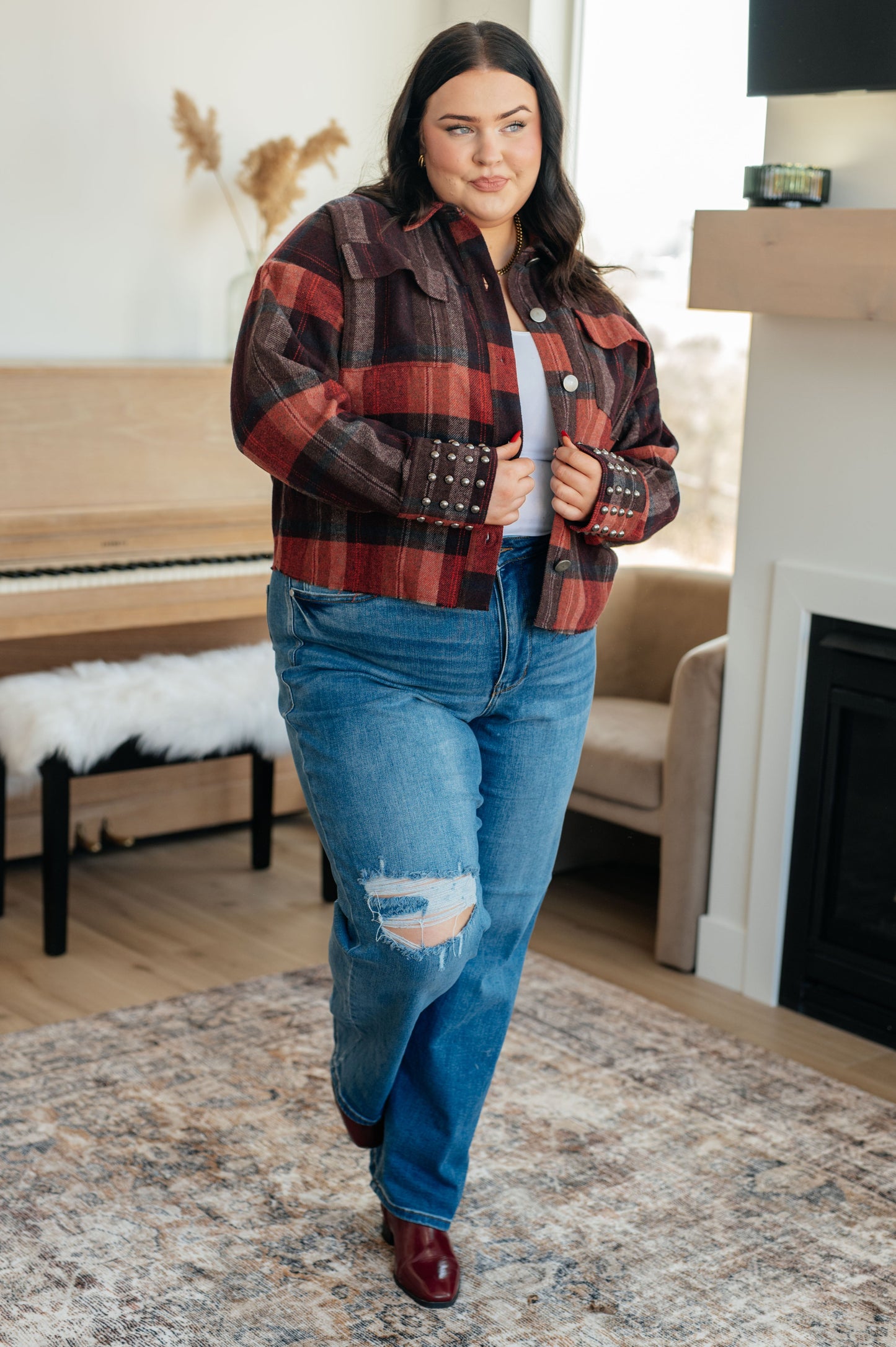 On My Game Studded Cropped Plaid Jacket (Small to 3XL)