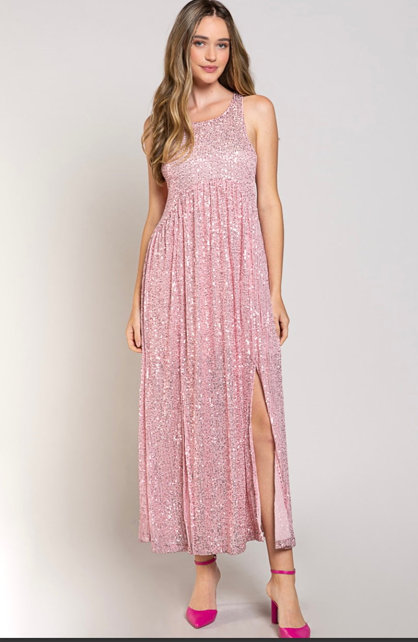 Let’s Go Party! Pink Sequin Babydoll Maxi Dress