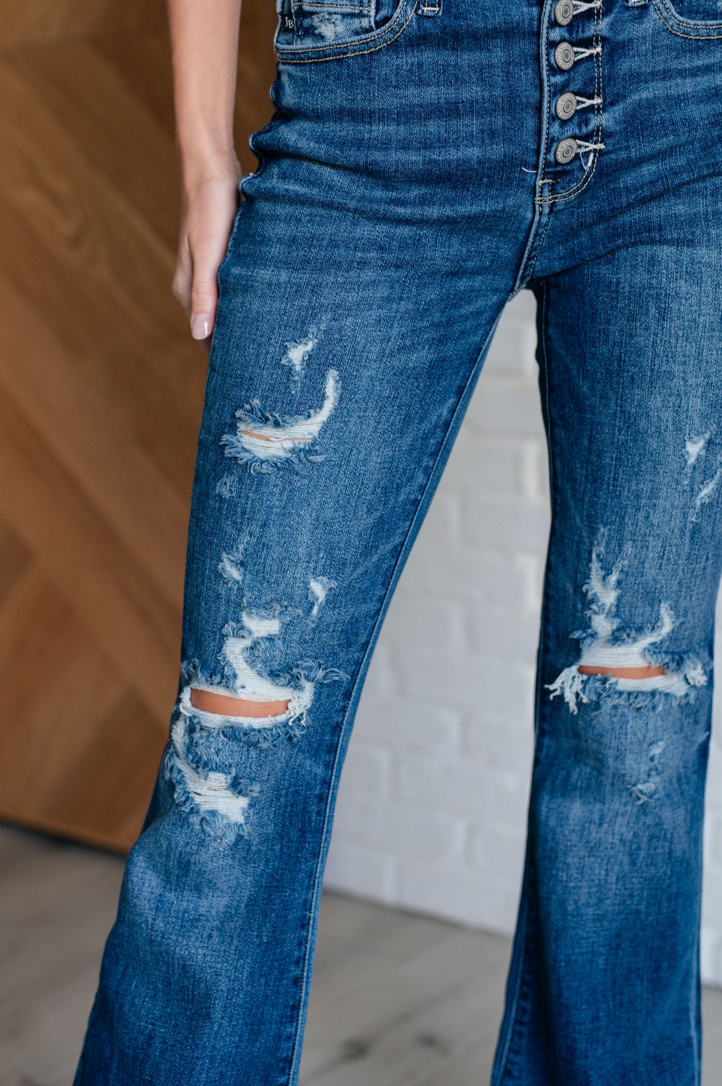 Date Night Button Fly Distressed Flares (1/25 to 24)