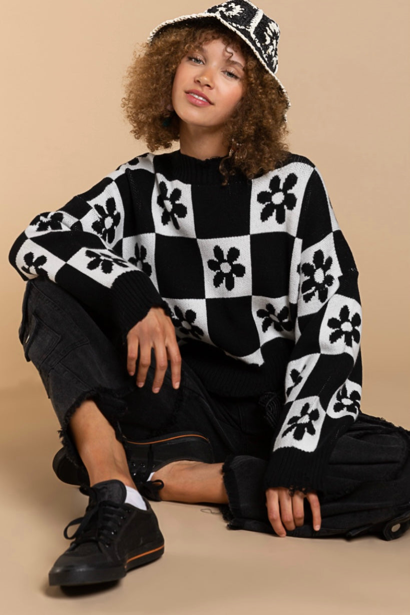 Box of Daisies Checkerboard Pattern Flower Cropped Sweater