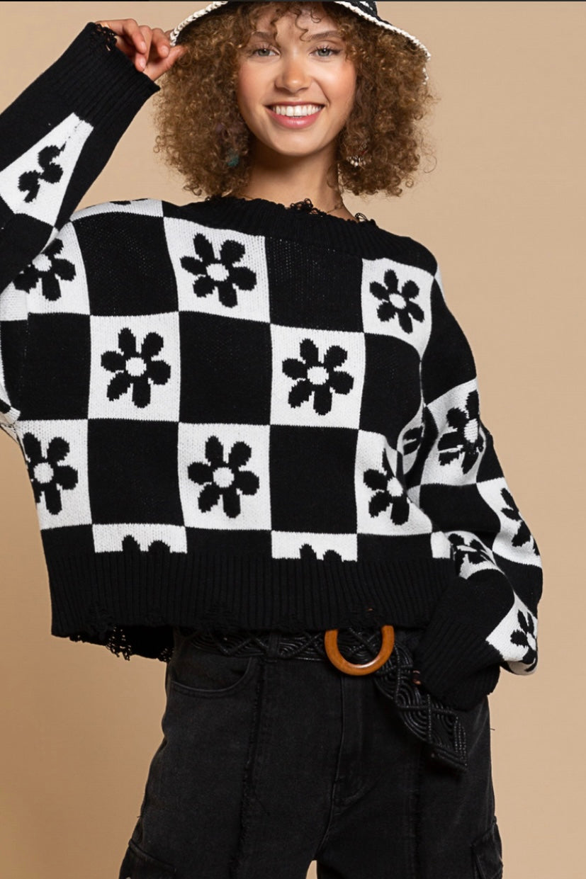 Box of Daisies Checkerboard Pattern Flower Cropped Sweater