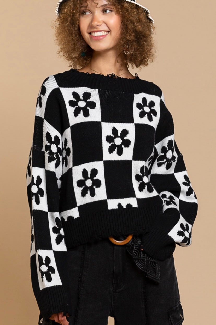 Box of Daisies Checkerboard Pattern Flower Cropped Sweater