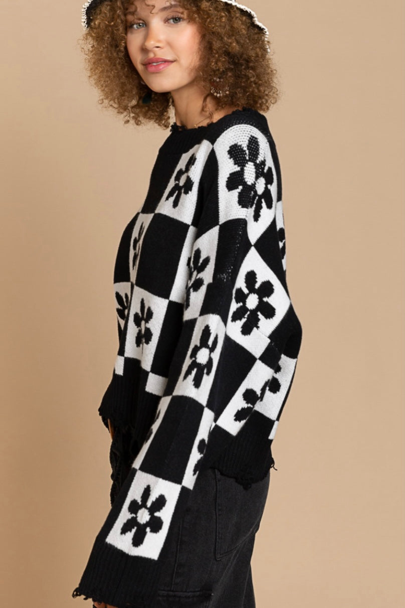 Box of Daisies Checkerboard Pattern Flower Cropped Sweater