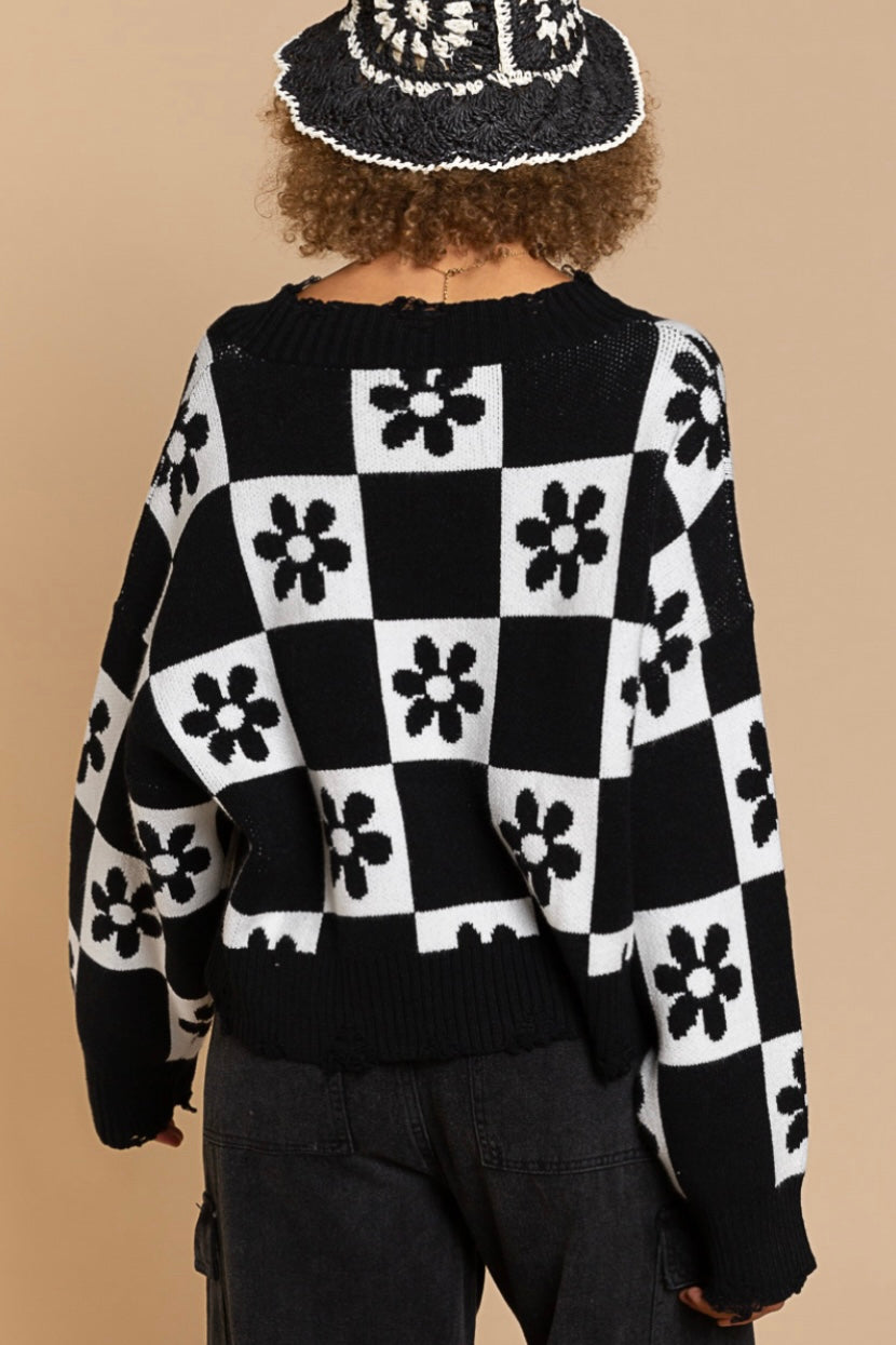 Box of Daisies Checkered Flower Cropped Sweater