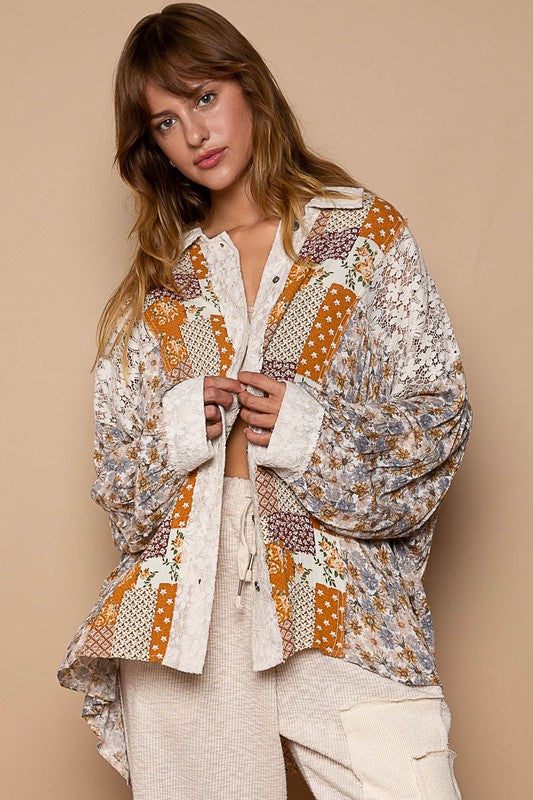 Golden Hour Caramel Floral + Lace Patchwork Button Down Shirt