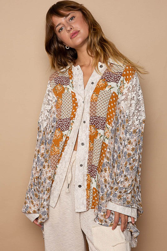 Golden Hour Caramel Floral + Lace Patchwork Button Down Shirt