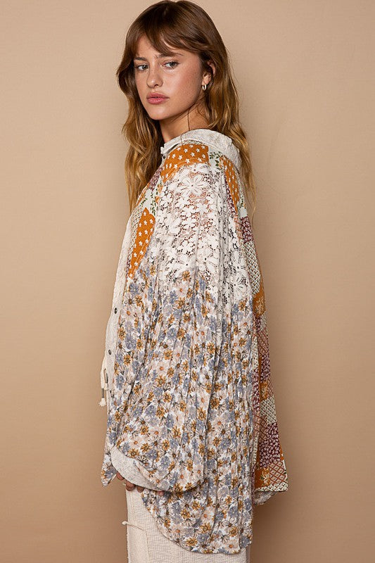 Golden Hour Caramel Floral + Lace Patchwork Button Down Shirt