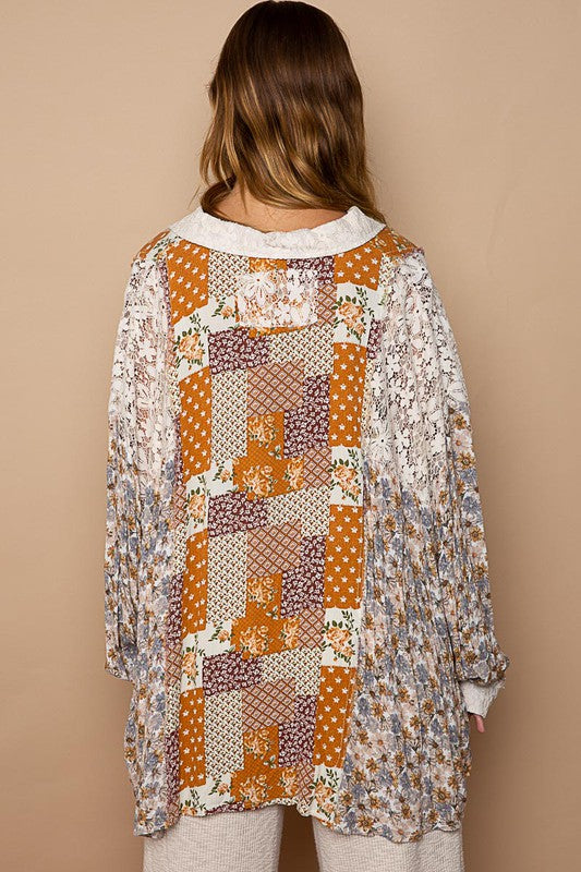 Golden Hour Caramel Floral + Lace Patchwork Button Down Shirt