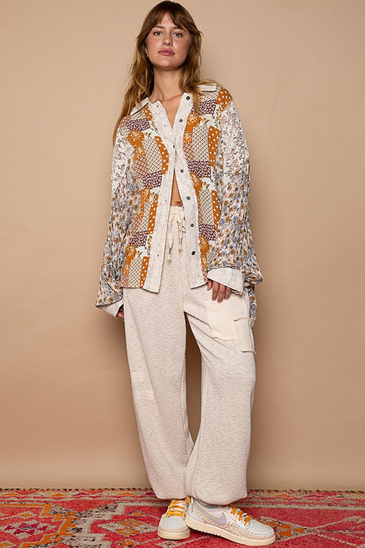 Golden Hour Caramel Floral + Lace Patchwork Button Down Shirt