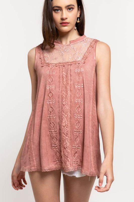 Suncatcher Mock-Neck Embroidered + Lace Sleeveless Rayon Jersey Top