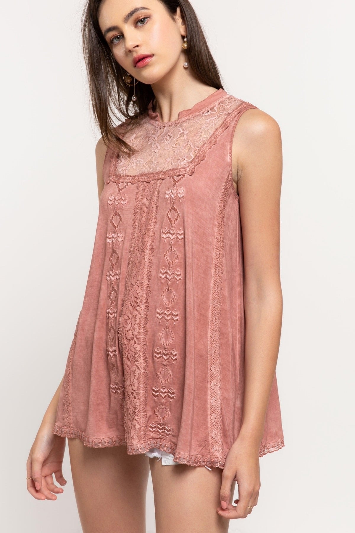 Suncatcher Mock-Neck Embroidered + Lace Sleeveless Rayon Jersey Top