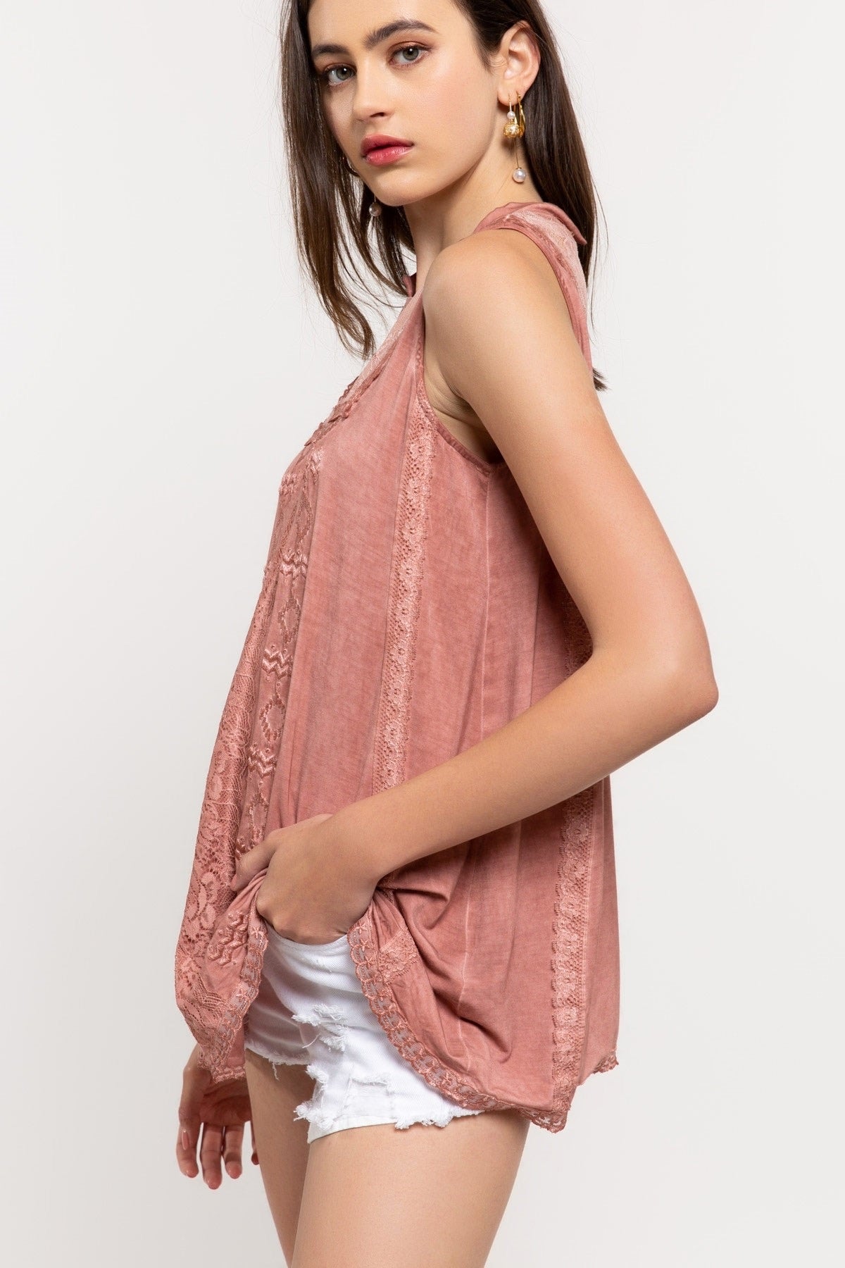 Suncatcher Mock-Neck Embroidered + Lace Sleeveless Rayon Jersey Top