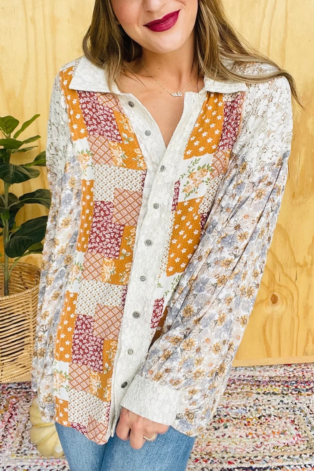 Golden Hour Caramel Floral + Lace Patchwork Button Down Shirt