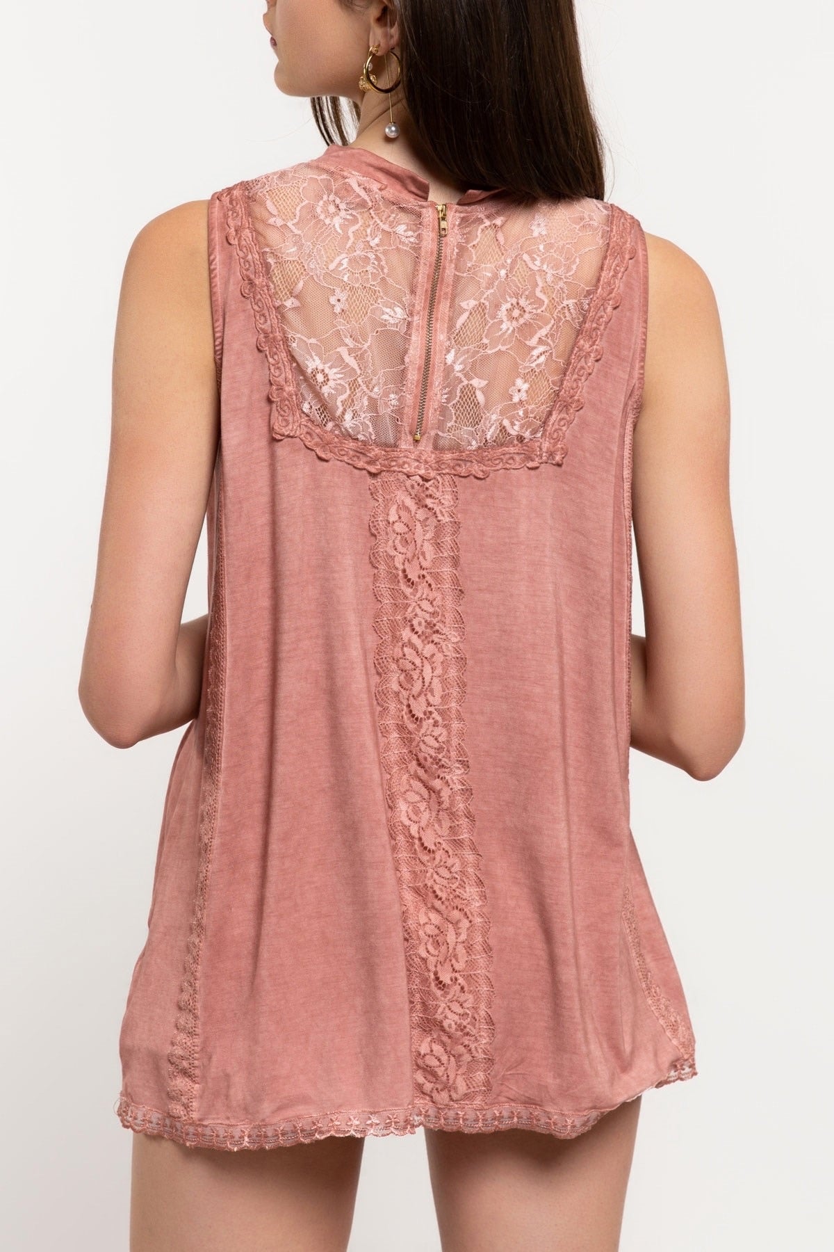 Suncatcher Mock-Neck Embroidered + Lace Sleeveless Rayon Jersey Top