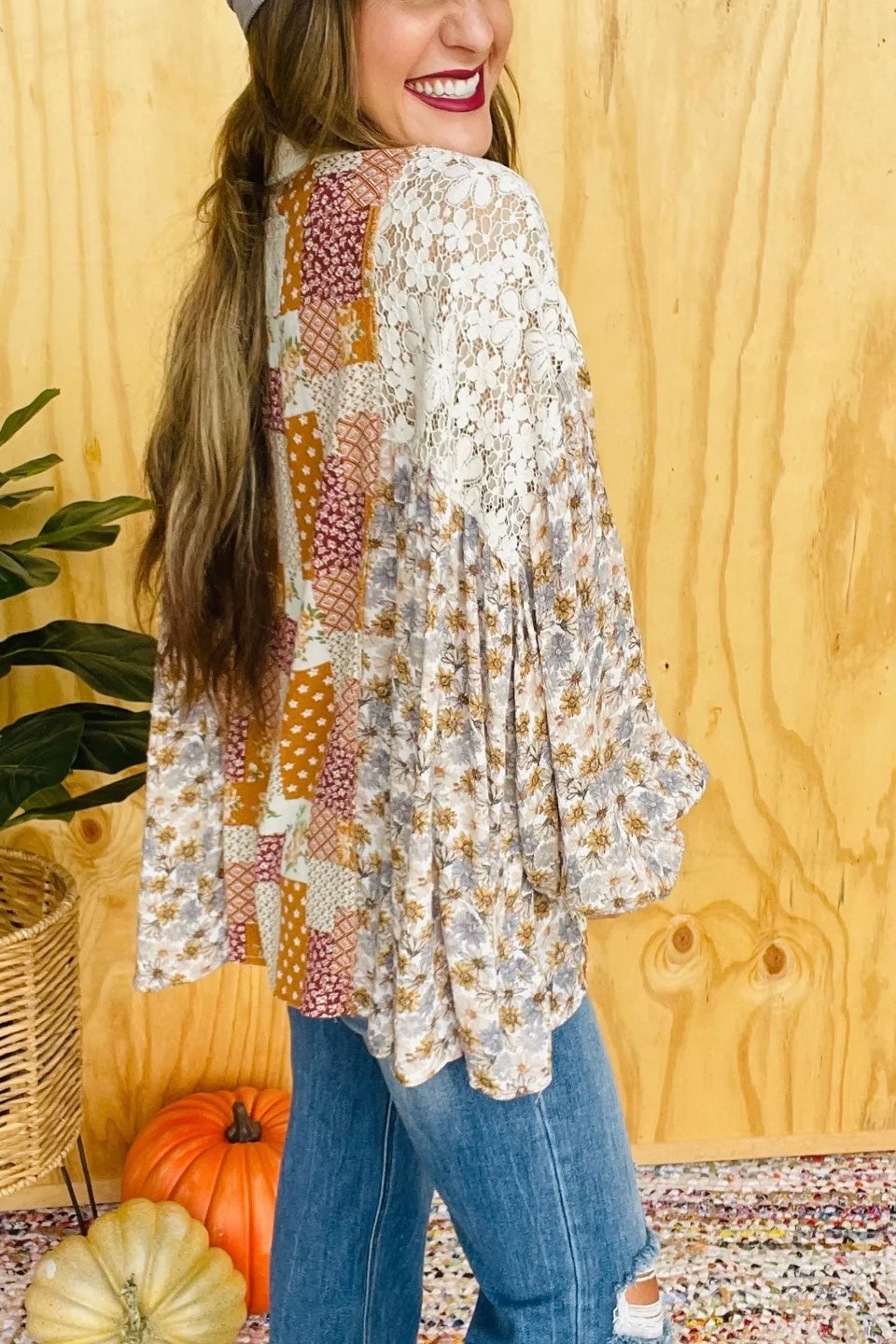 Golden Hour Caramel Floral + Lace Patchwork Button Down Shirt
