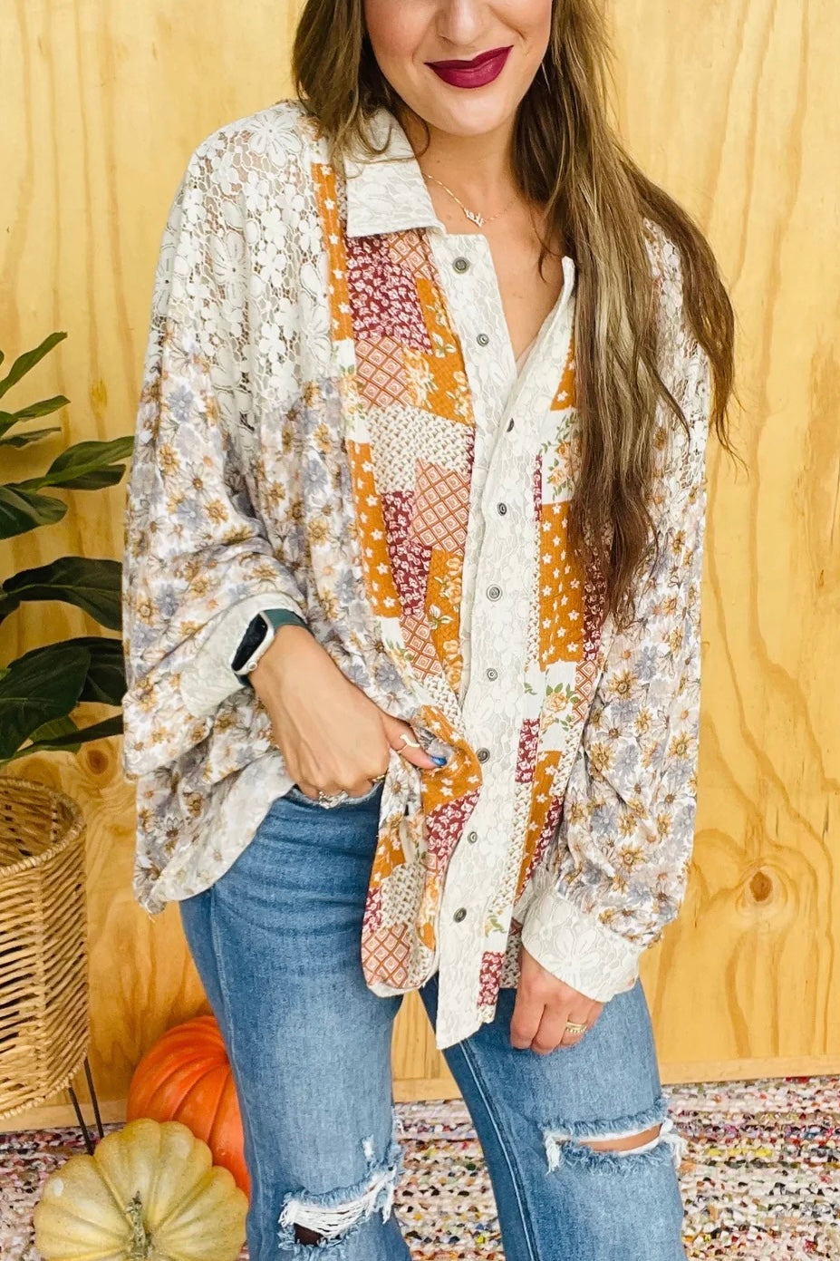 Golden Hour Caramel Floral + Lace Patchwork Button Down Shirt