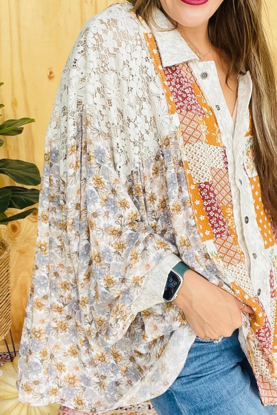 Golden Hour Caramel Floral + Lace Patchwork Button Down Shirt
