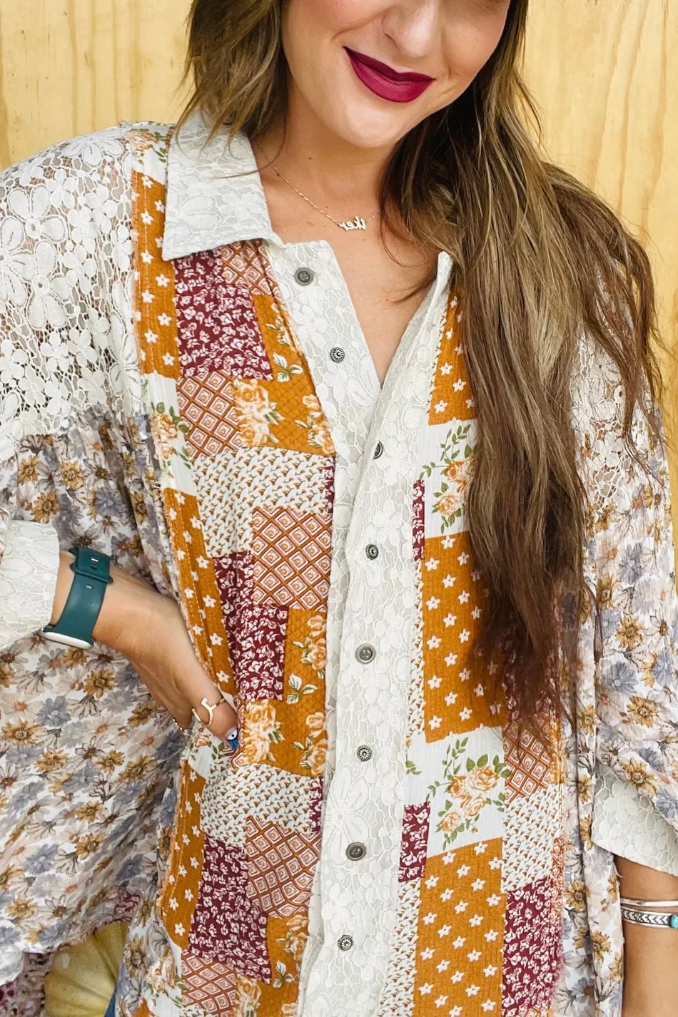 Golden Hour Caramel Floral + Lace Patchwork Button Down Shirt