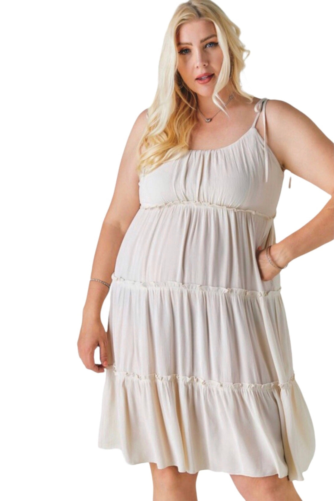 Gobi Sands Spaghetti Strap Ruffled Tiered Midi Dress Curves