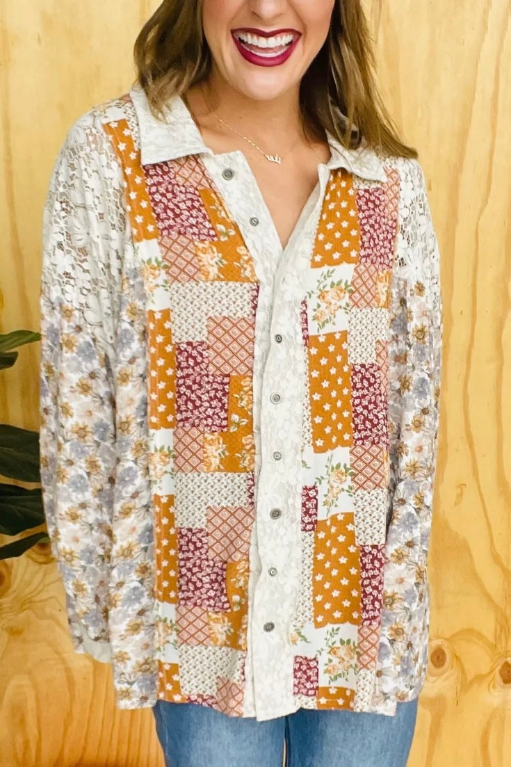 Golden Hour Caramel Floral + Lace Patchwork Button Down Shirt