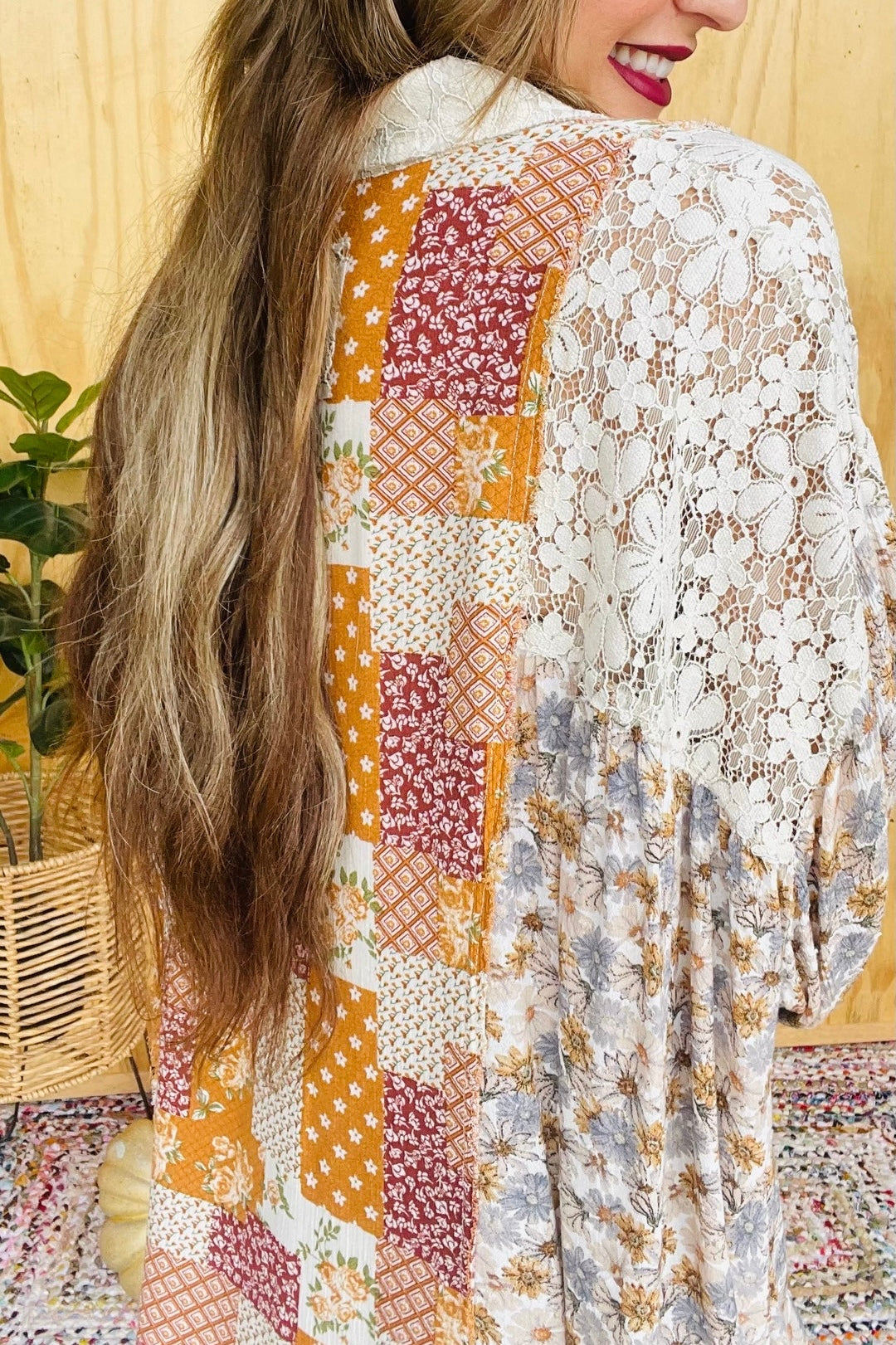 Golden Hour Caramel Floral + Lace Patchwork Button Down Shirt