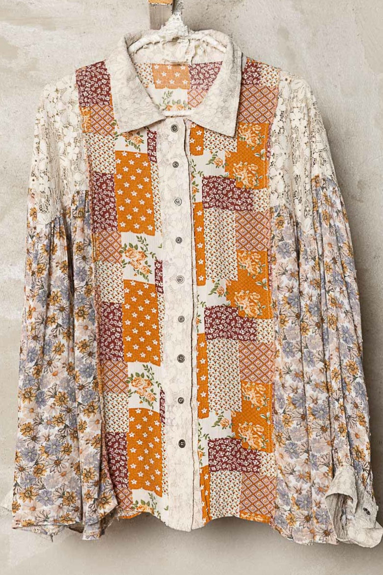 Golden Hour Caramel Floral + Lace Patchwork Button Down Shirt