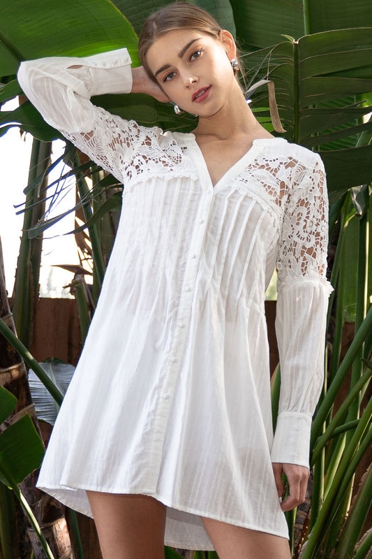 Show Stopper Lace Inset Pleated Long Sleeve Button Down Shirt
