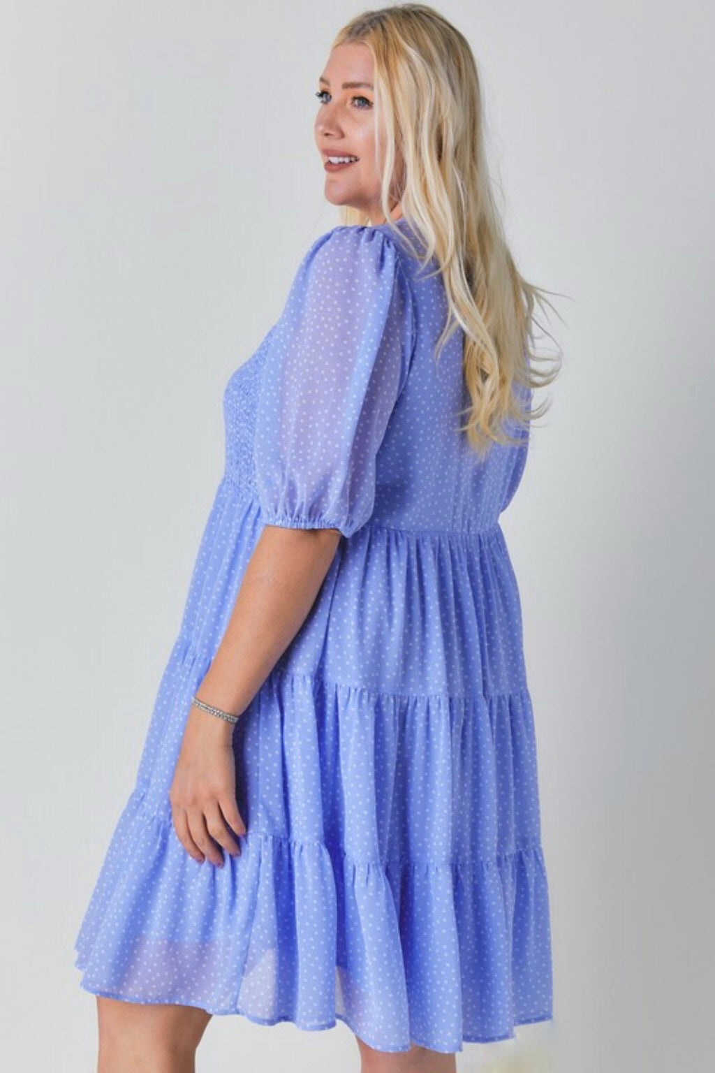Parisian Polka Dot V Neck Half Sleeve Ruffled Tiered Midi Dress