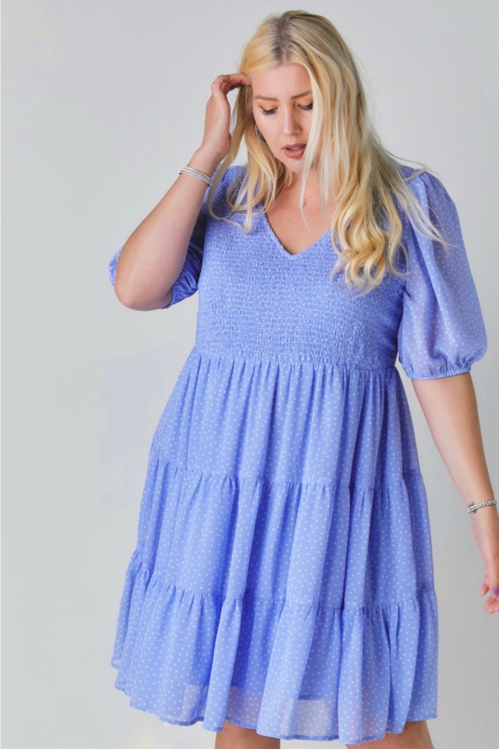 Parisian Polka Dot V Neck Half Sleeve Ruffled Tiered Midi Dress