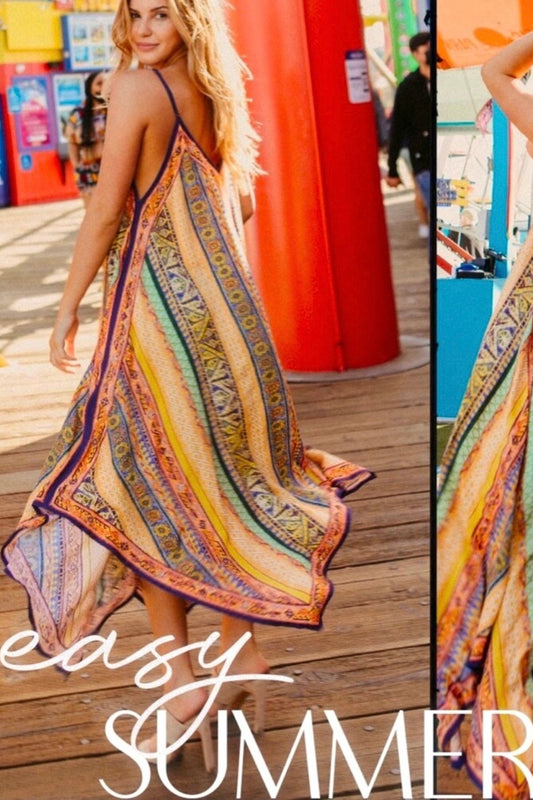 Boardwalk Mixed Print Colorful Hanky Hem Midi