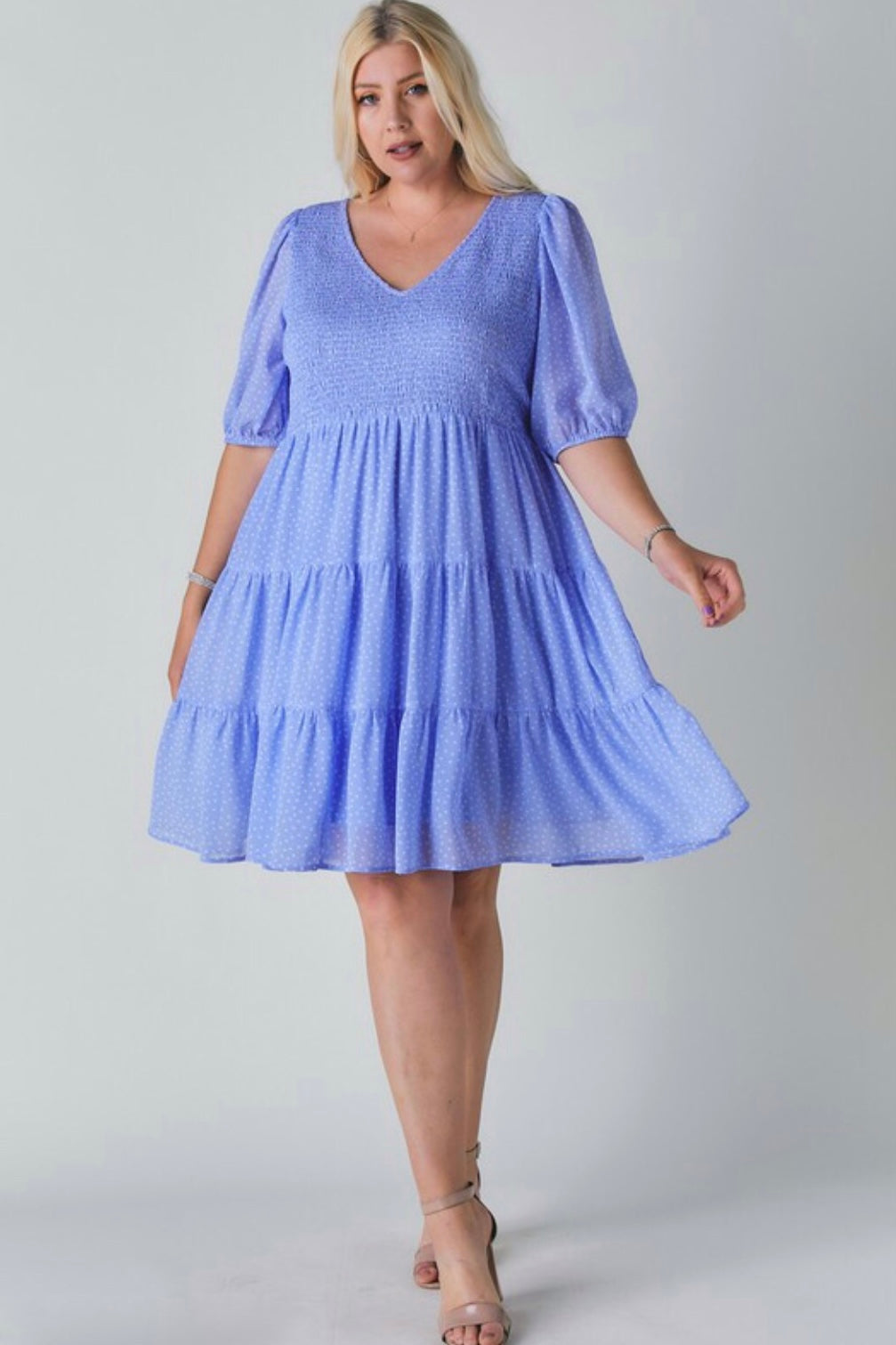 Parisian Polka Dot V Neck Half Sleeve Ruffled Tiered Midi Dress
