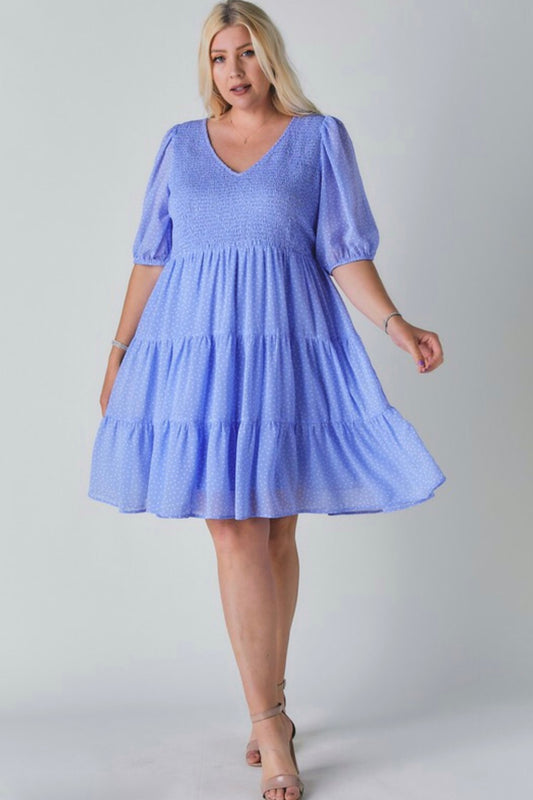 Parisian Polka Dot V Neck Half Sleeve Ruffled Tiered Midi Dress