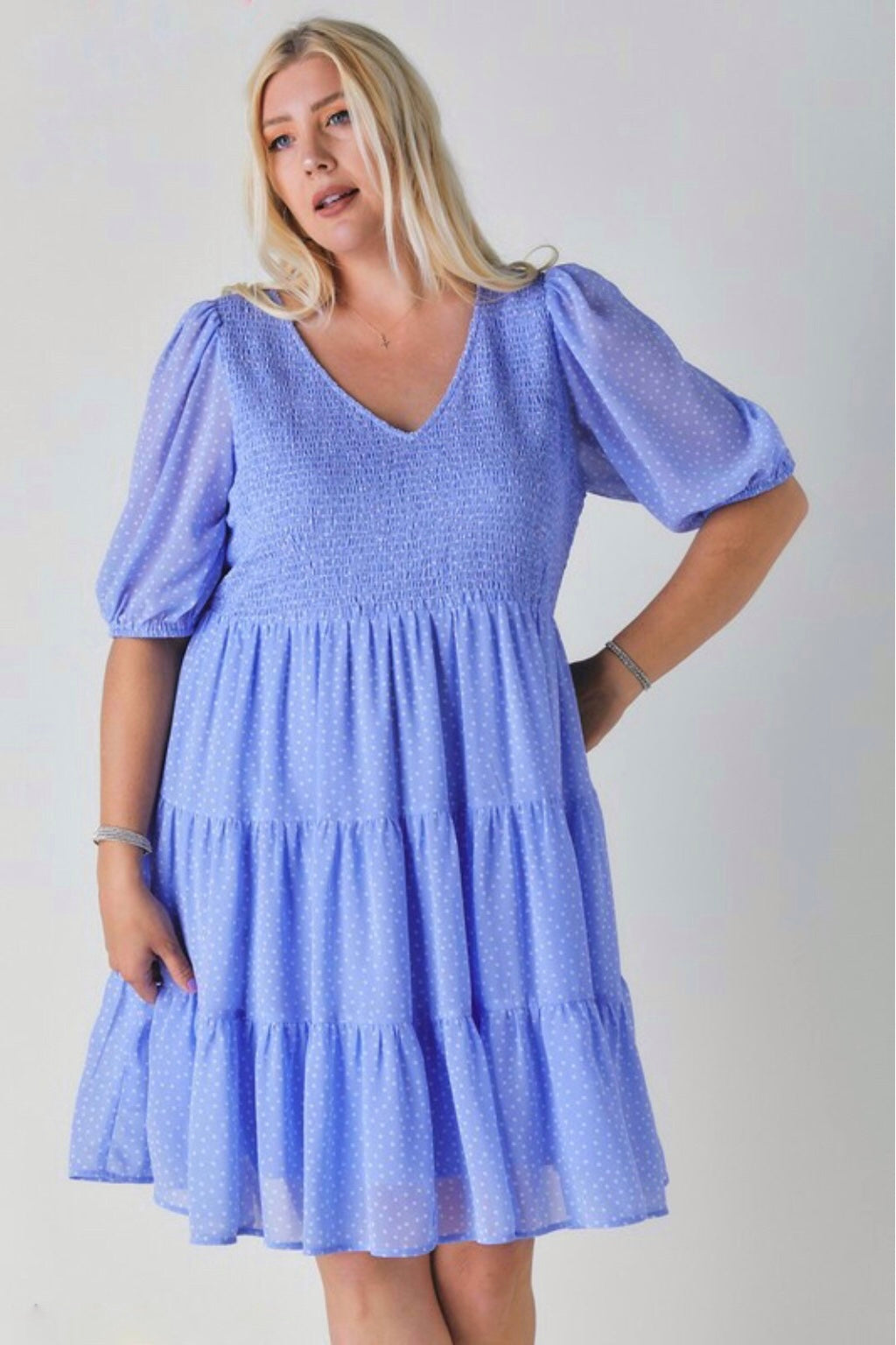 Parisian Polka Dot V Neck Half Sleeve Ruffled Tiered Midi Dress